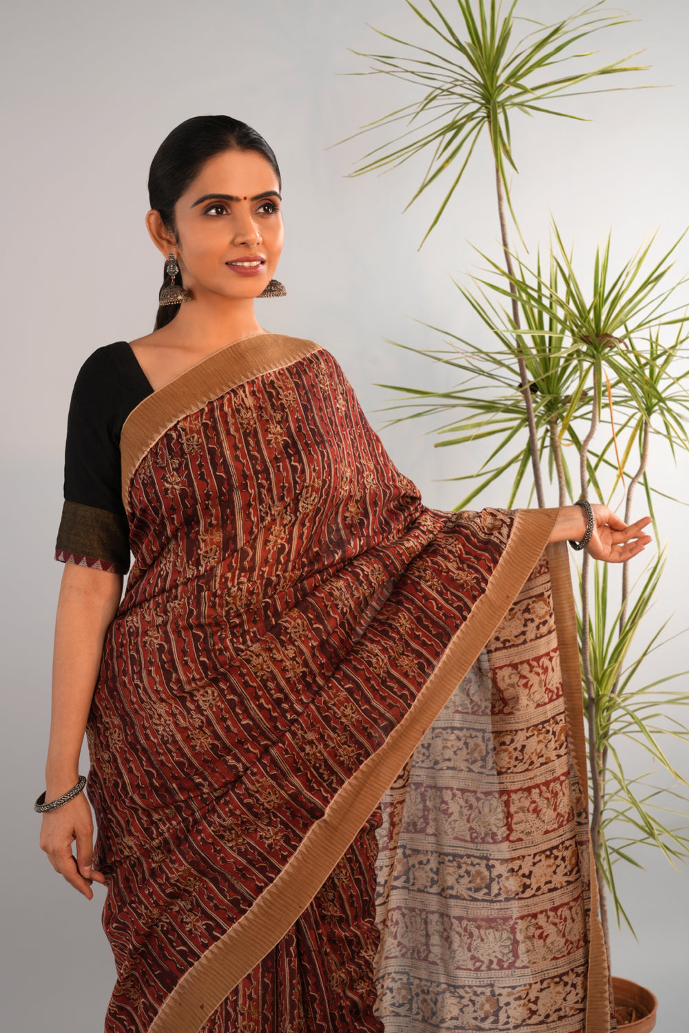 Image of Apricot red Kalamkari Chanderi Saree
